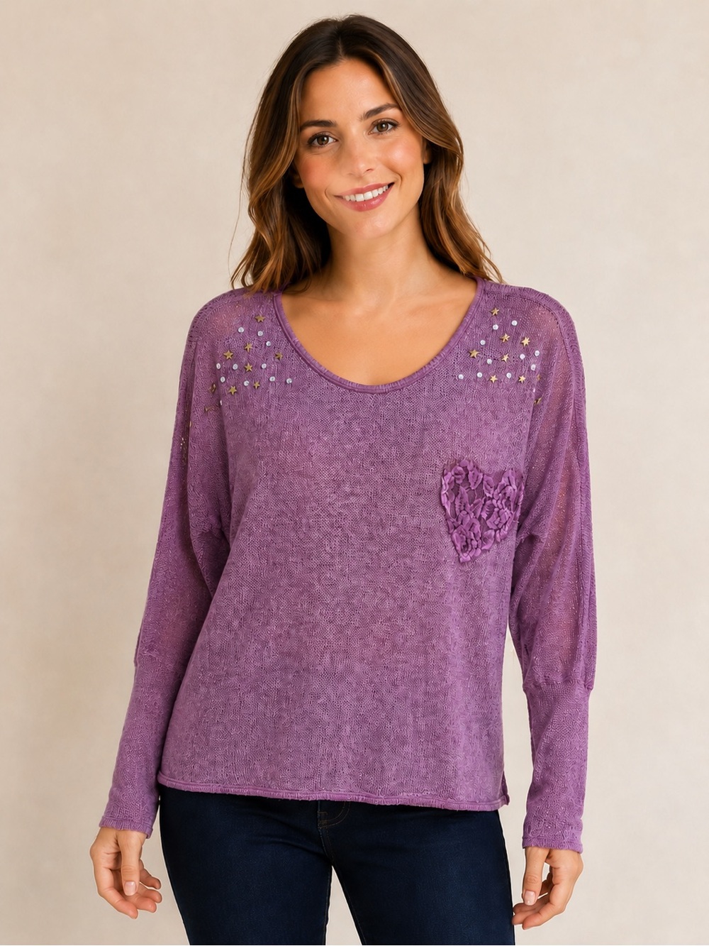 Aute Collection Made in Italy Purple LongSleeve Scoop Neck Top with Heart Pocket
